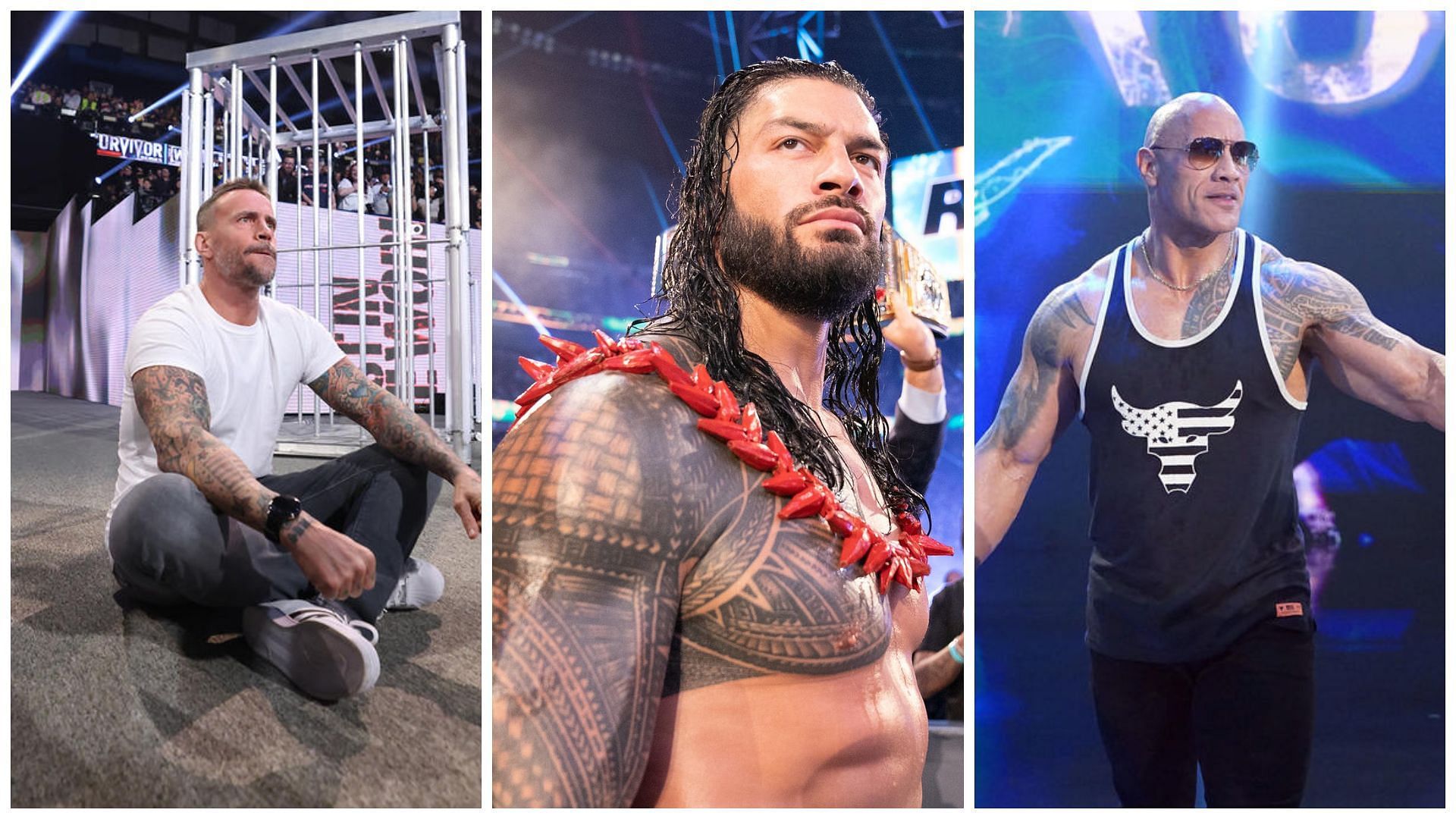 CM Punk (left); Roman Reigns (middle); The Rock (right)