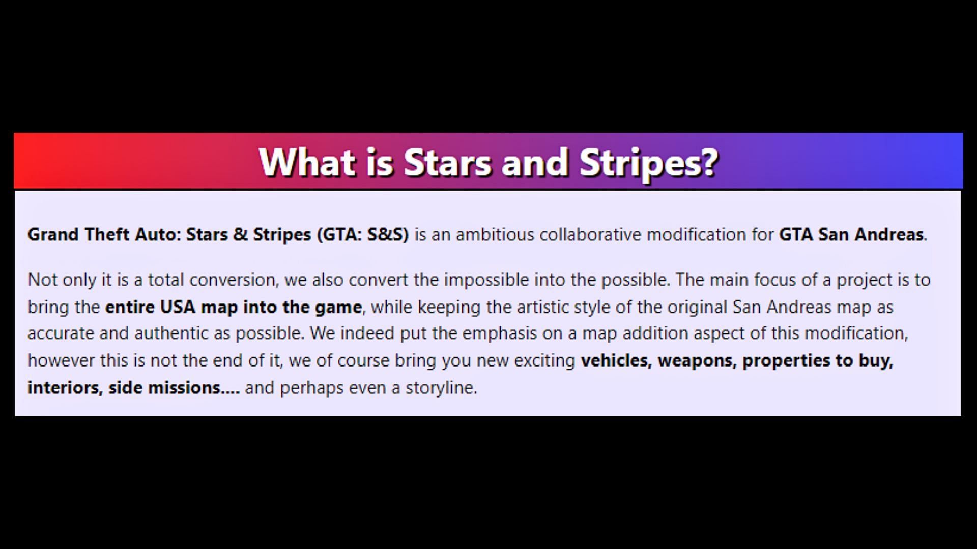 Description on the mod&#039;s official website (Image via gtastarsandstripes.miraheze.org)