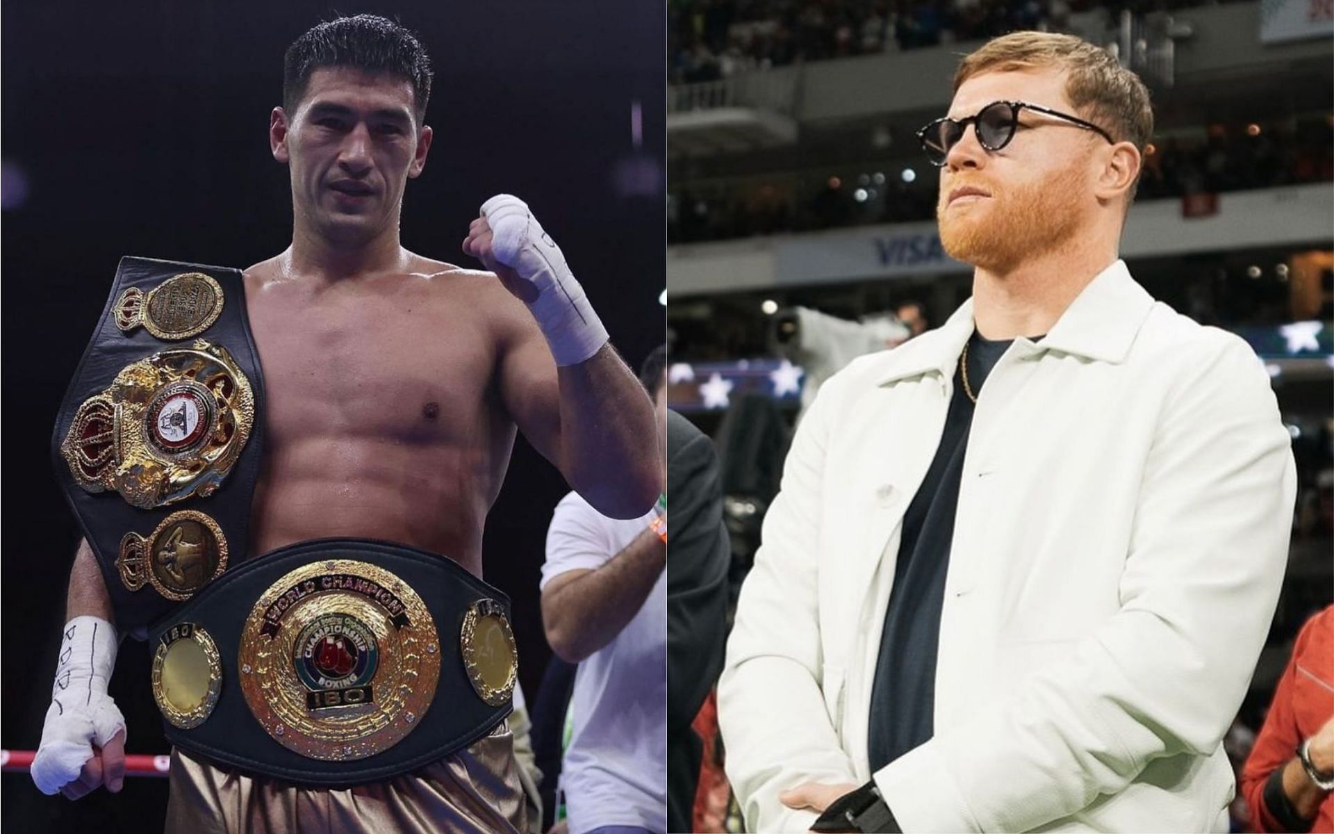 Dmitry Bivol with his belts (left) and Canelo Alvarez (right) (Images courtesy @bivol_d and @canelo on Instagram)
