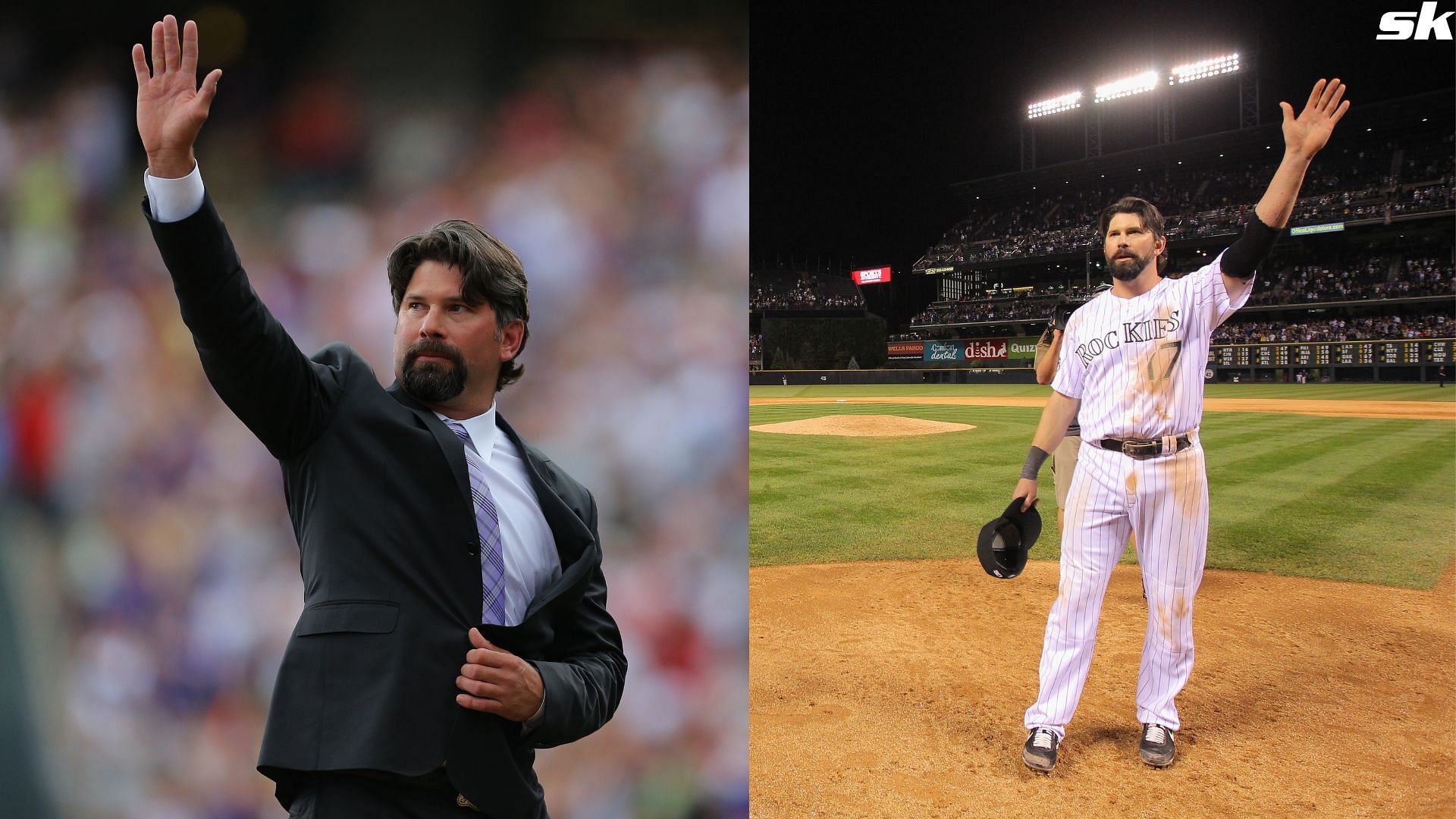 Former first baseman Todd Helton of the Colorado Rockies waves to the crowd during a ceremony to retire his number before a game against the Cincinnati Reds at Coors Field in 2014