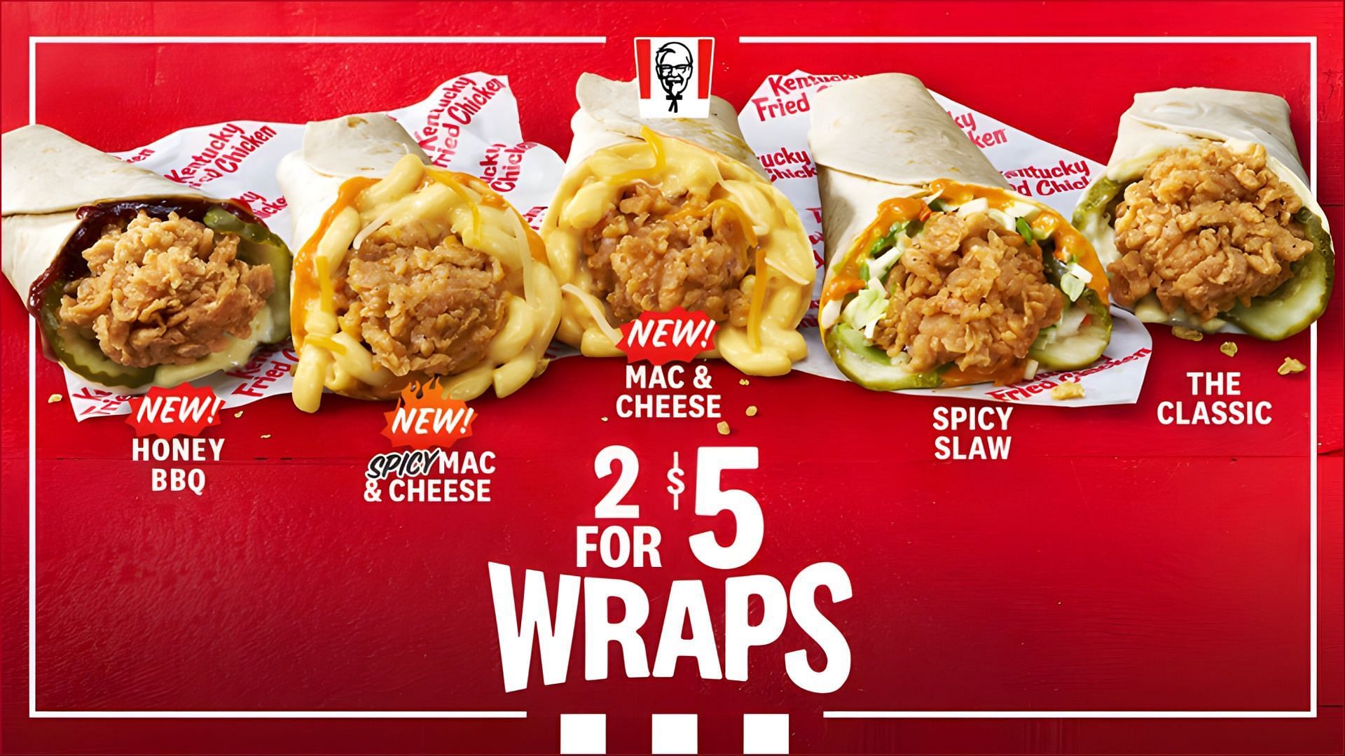 The new Spicy Mac &amp; Cheese Wrap and the Honey BBQ Wraps hit stores on January 1, 2024 (Image via KFC)