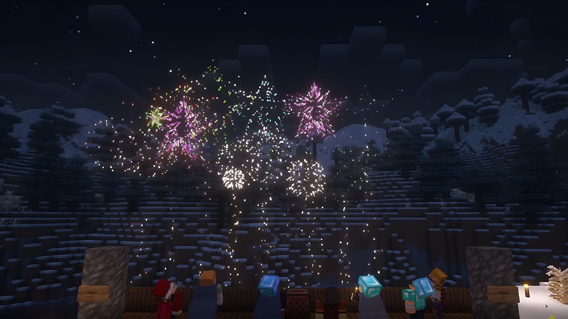 Minecraft players come together to watch a fireworks show created by Immabed.