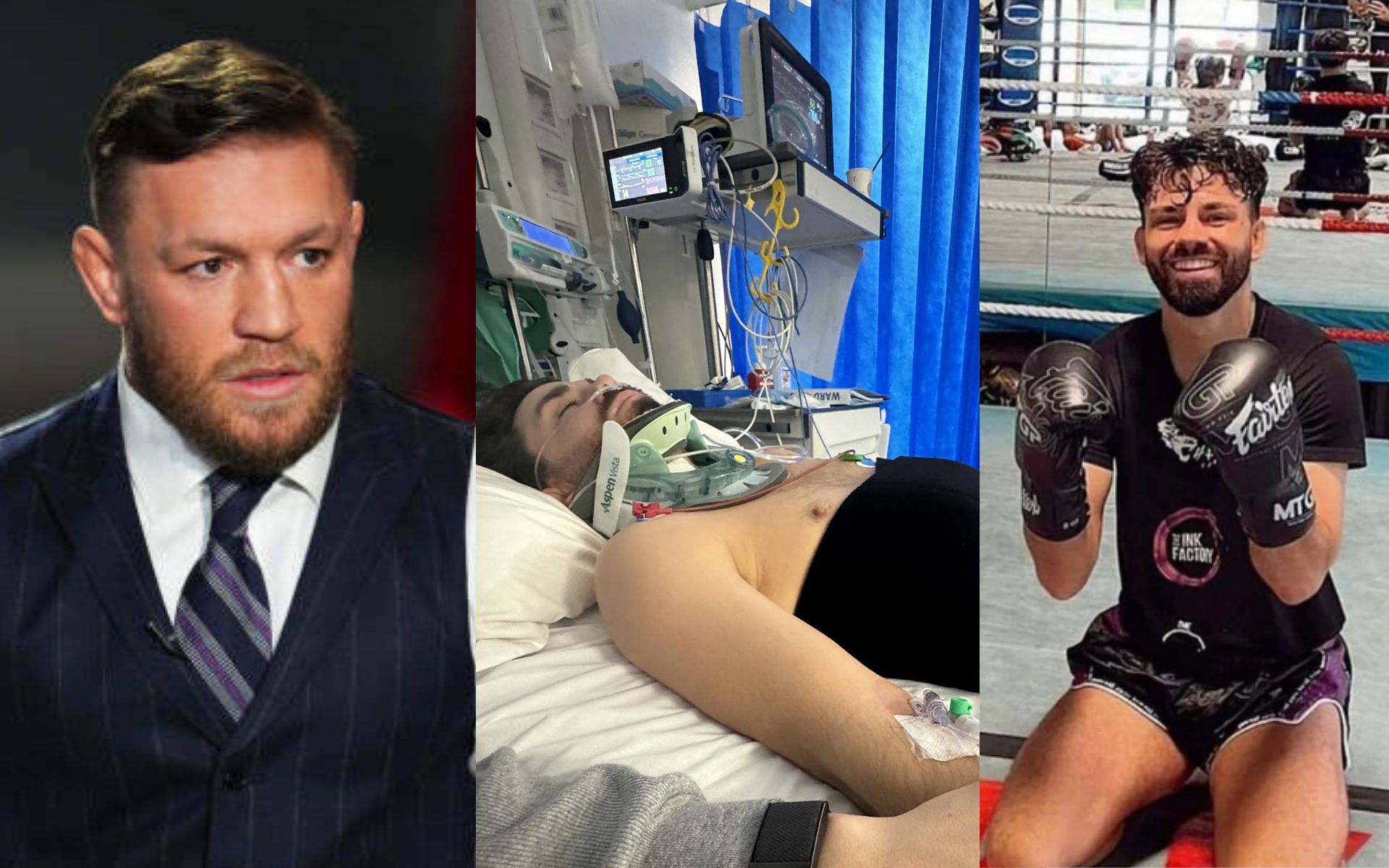 Conor McGregor (left) shares touching message with Ryan Curtis (middle) and (left) after terrible injury in training [Images Courtesy: @GettyImages and @leahmccourtmma on X]