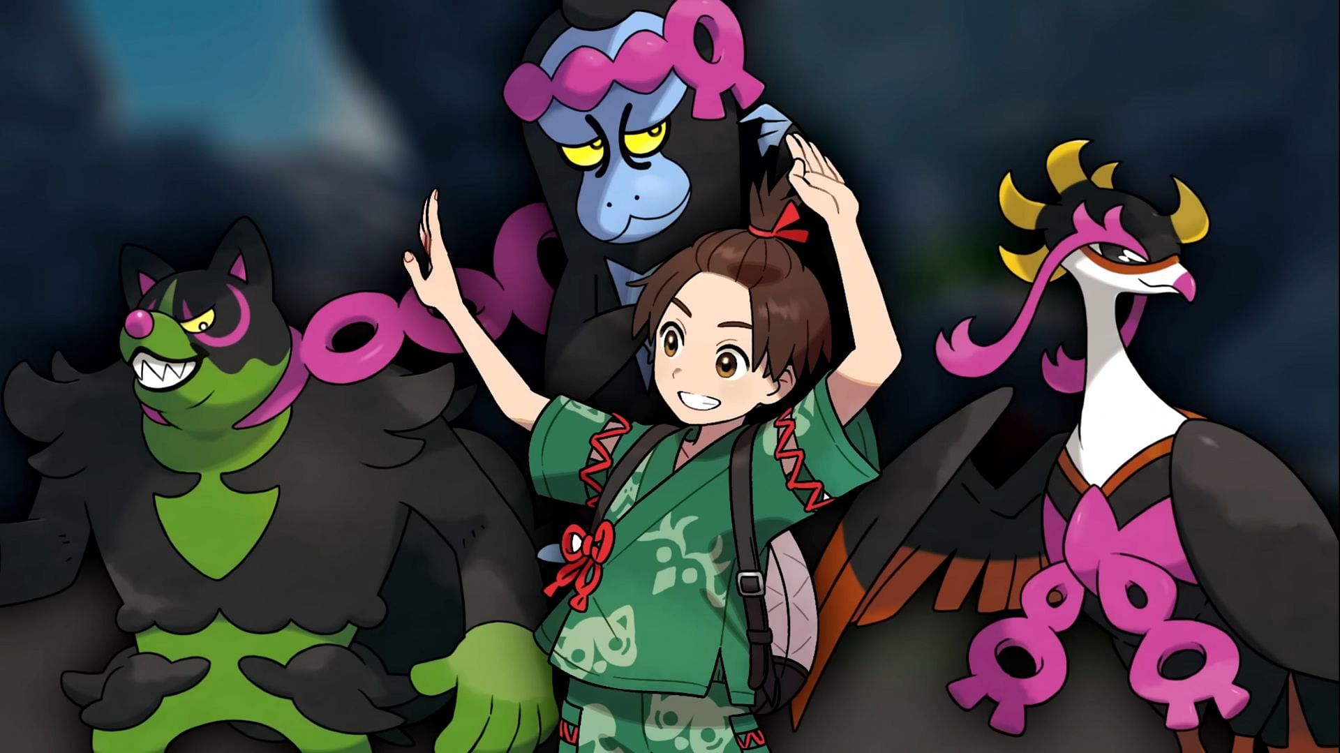 The Loyal Three and the protagonist resemble Momotaro (Image via The Pokemon Company)