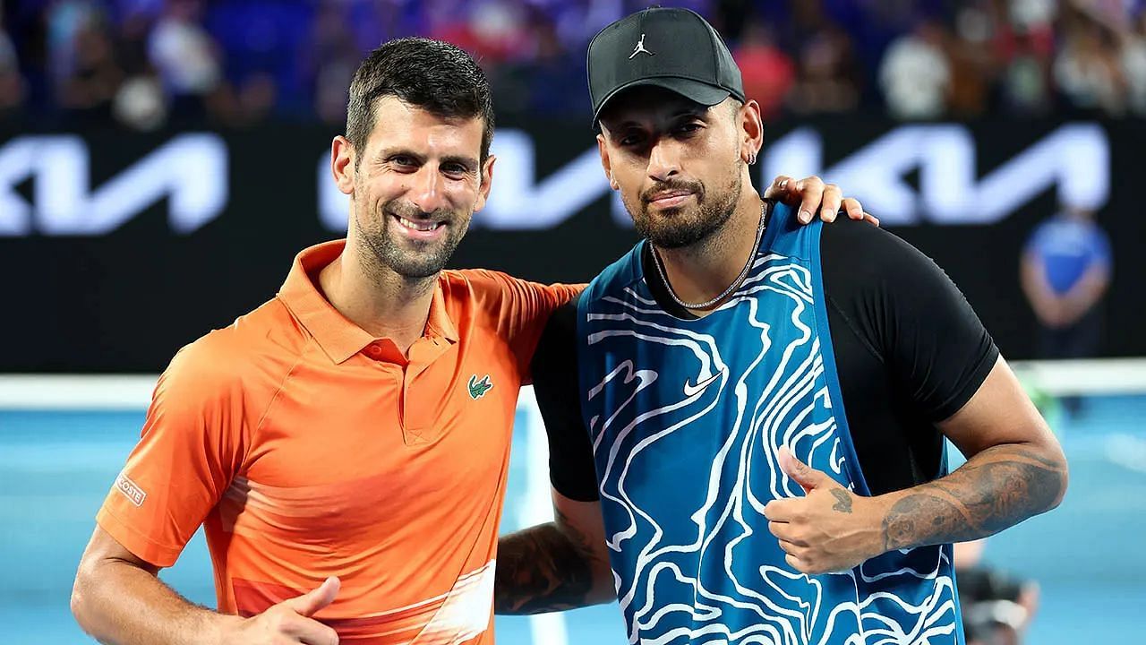 Novak Djokovic (L) and Nick Kyrgios pictured at an exhibition in Australia last year