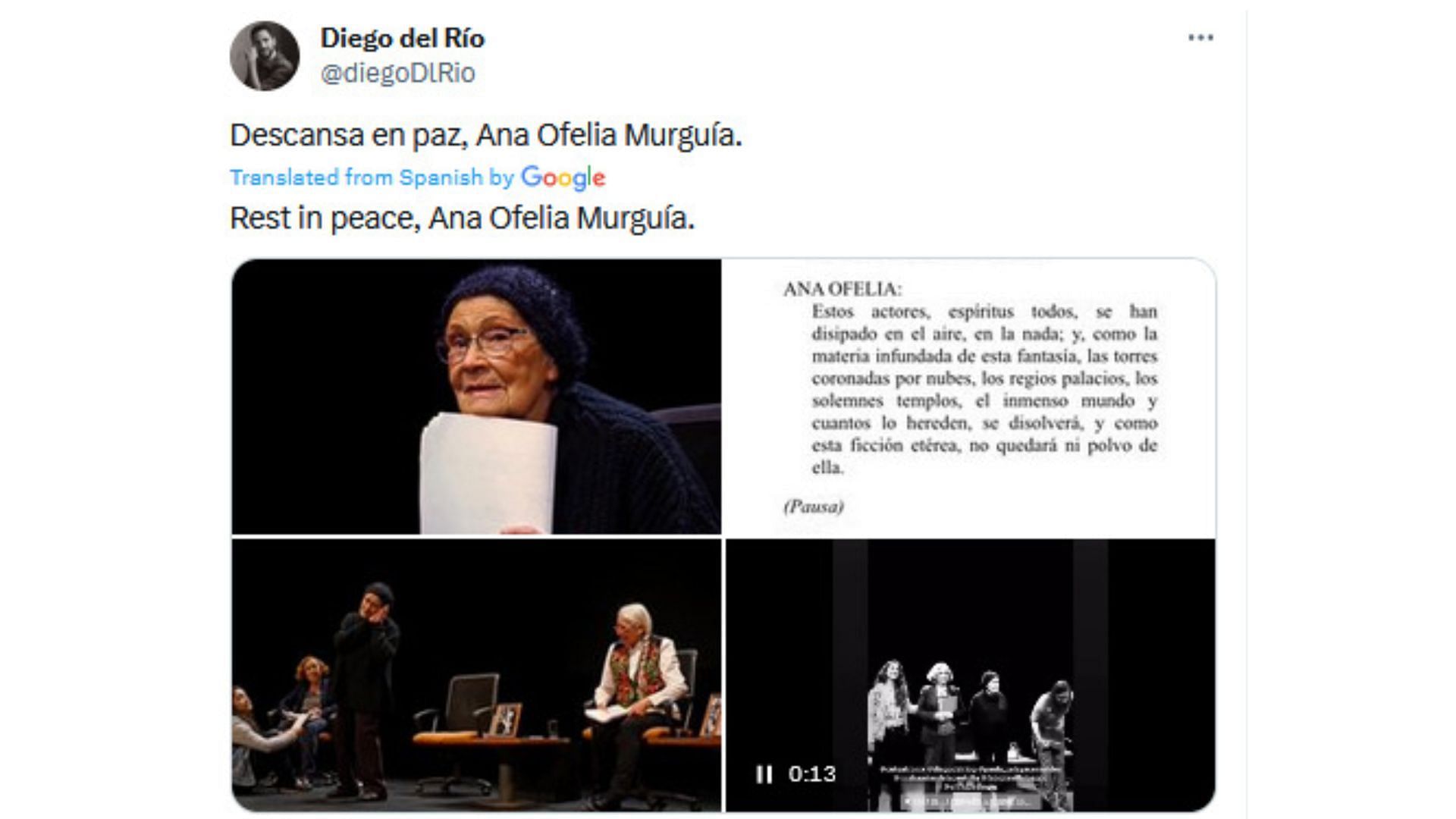 Fans pay tribute as famous Mexican actress, Murguia, dies (Image via X / @diegoDlRio)