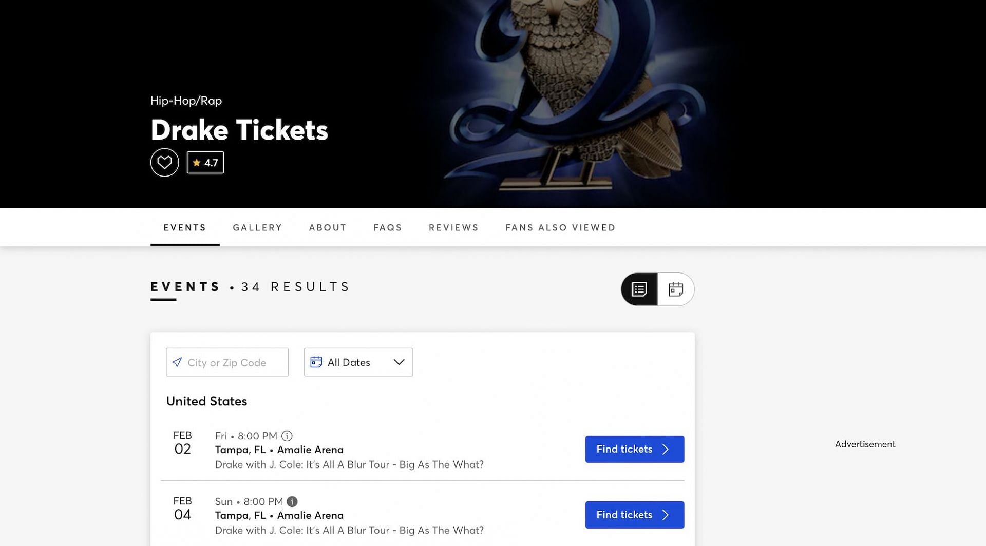 Ticketmaster&#039;s Official website showcasing the new Drake tour dates (Image via Ticketmaster&#039;s Official Website)