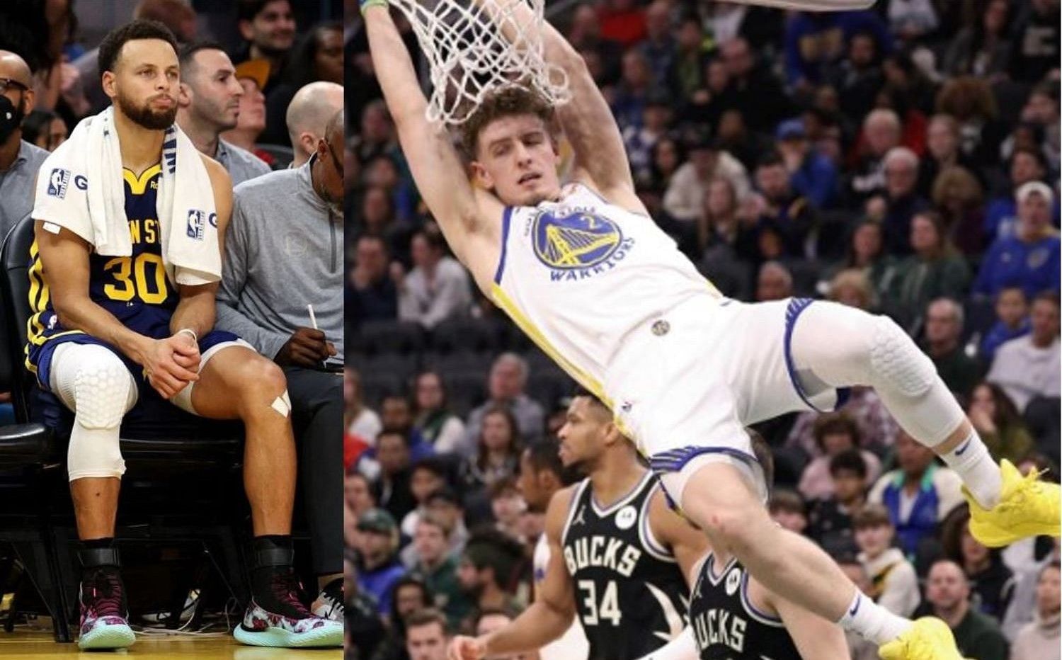 Golden State Warriors fans saw positives in the play of rookie Brandin Podziemski (R) in the absence of Steph Curry on Saturday against the Milwaukee Bucks.