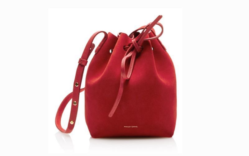 Best red handbags to gift her this Valentine&#039;s Day- Mansur Gavriel Mini Bucket Apple Faux Leather Bag - $534.647 (Image via ModeSens)