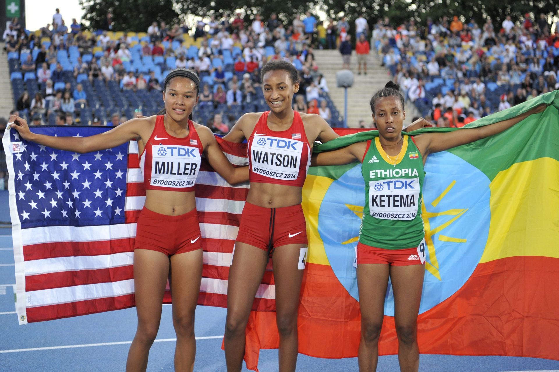 Aaliyah Miller (left), Samantha Watson (center) and Tigist Ketema (right) celebrate after the women&#039;s 800 metres during the IAAF World U20 Championships on July 21, 2016 in Bydgoszcz, Poland. (Photo by Adam Nurkiewicz/Getty Images)
