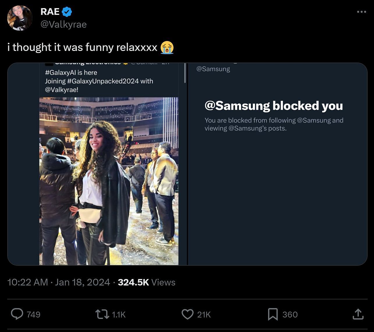 The YouTube streamer reveals she got blocked by Samsung (Image via X)