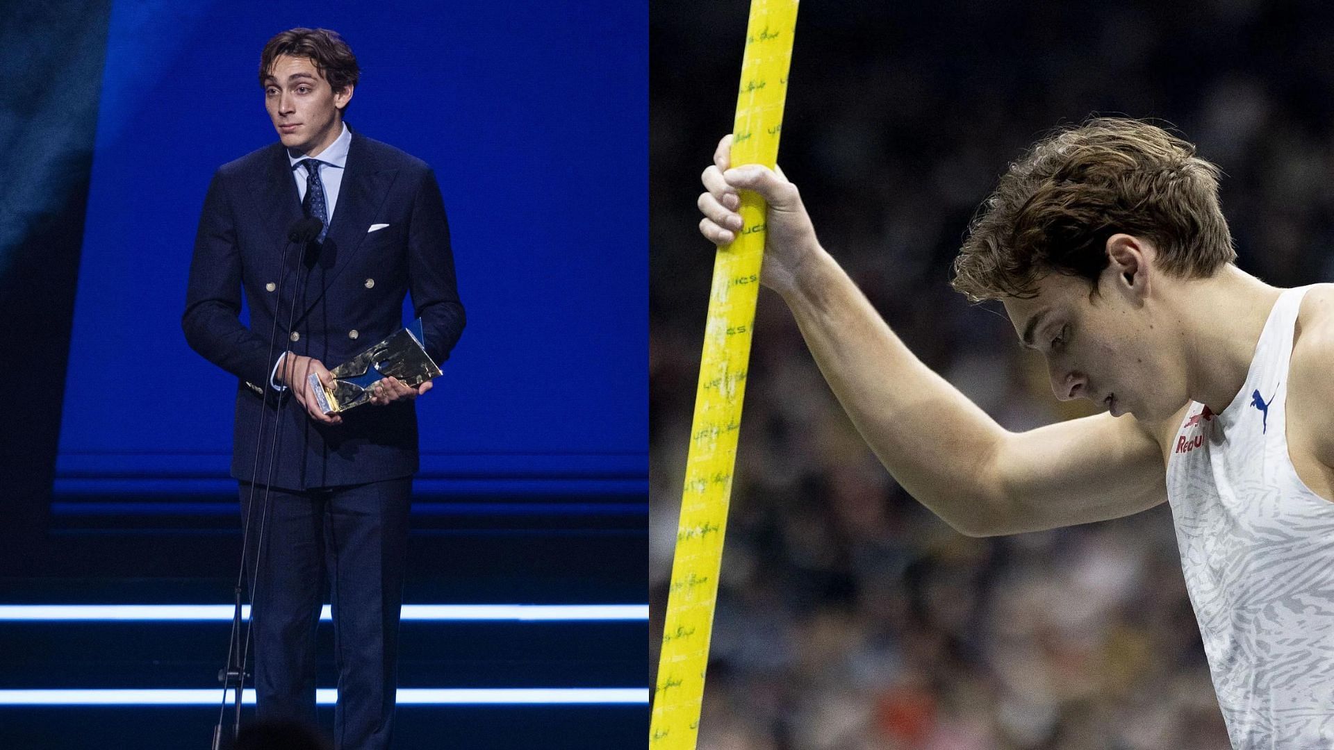 Mondo Duplantis at Sports Gala event (L), Duplantis looks sad at a championship (R( (Image via Getty) 