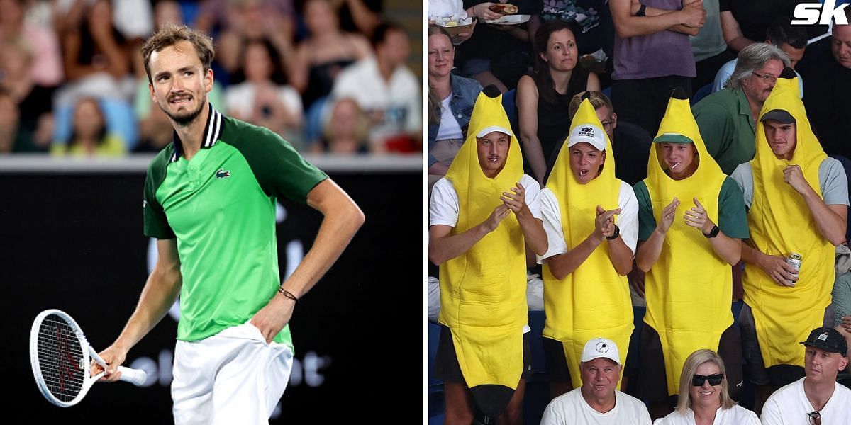 Daniil Medvedev (L) and people dressed as bananas (R)