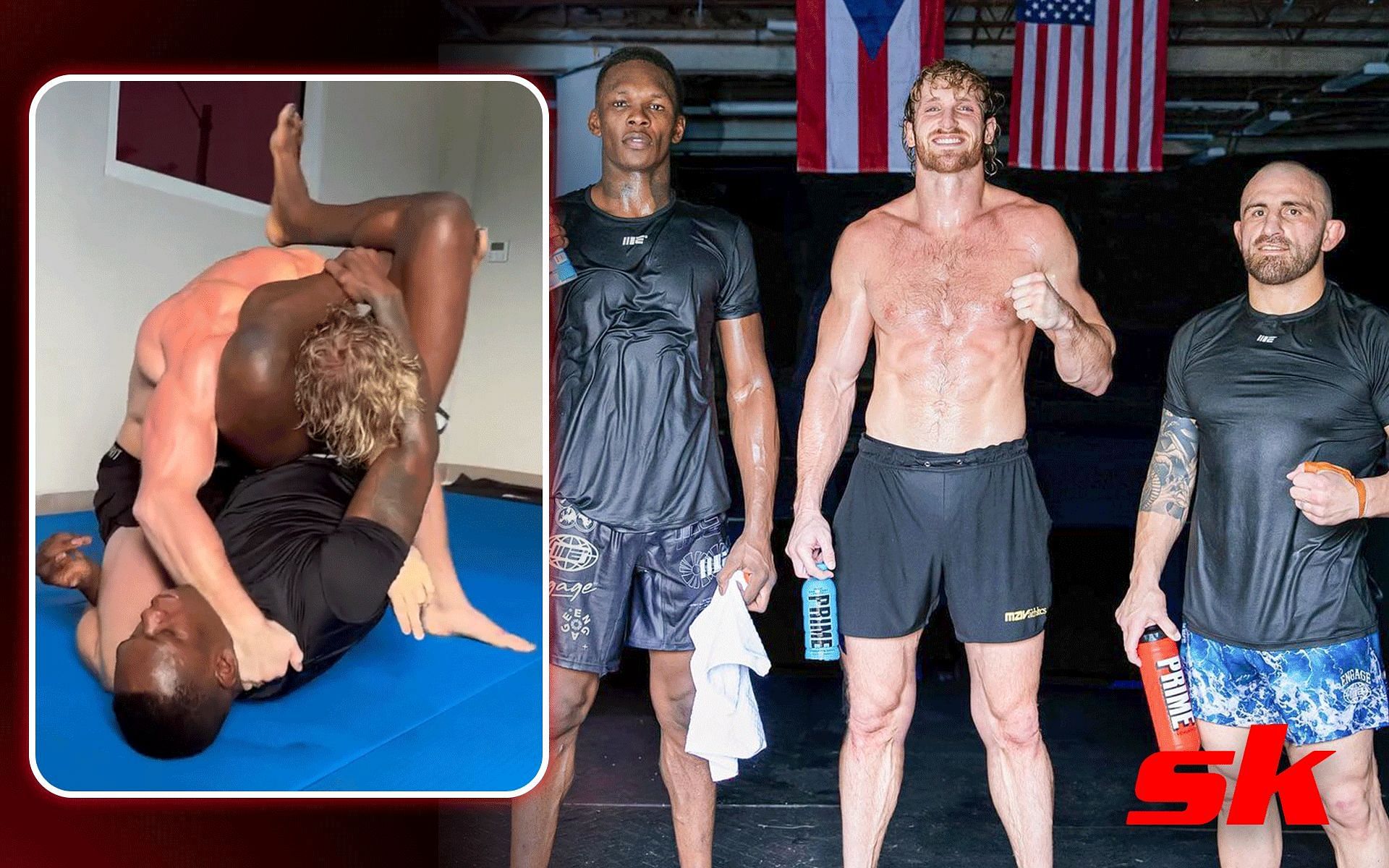 A picture from when Israel Adesanya (left) Logan Paul (middle) Alexander Volkanovski (right) engaged in a grappling session in Puerto Rico [Images courtesy @loganpaul on Instagram]