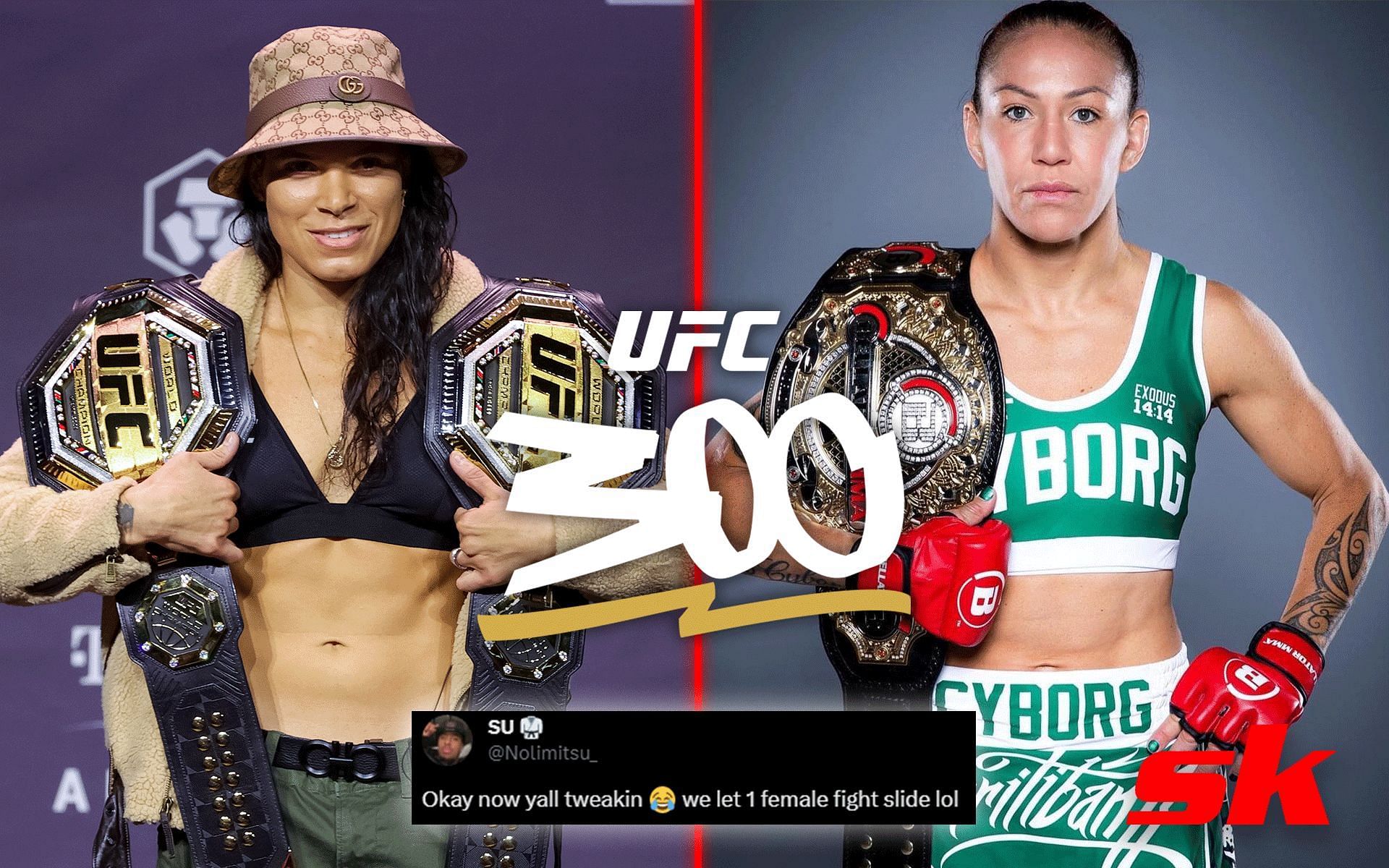Amanda Nunes (left) has been challenged to a rematch by Cris Cyborg (right) at UFC 300 [Images courtesy: Getty Images and @criscyborg on Instagram; UFC 300 logo via @ufc on Instagram]