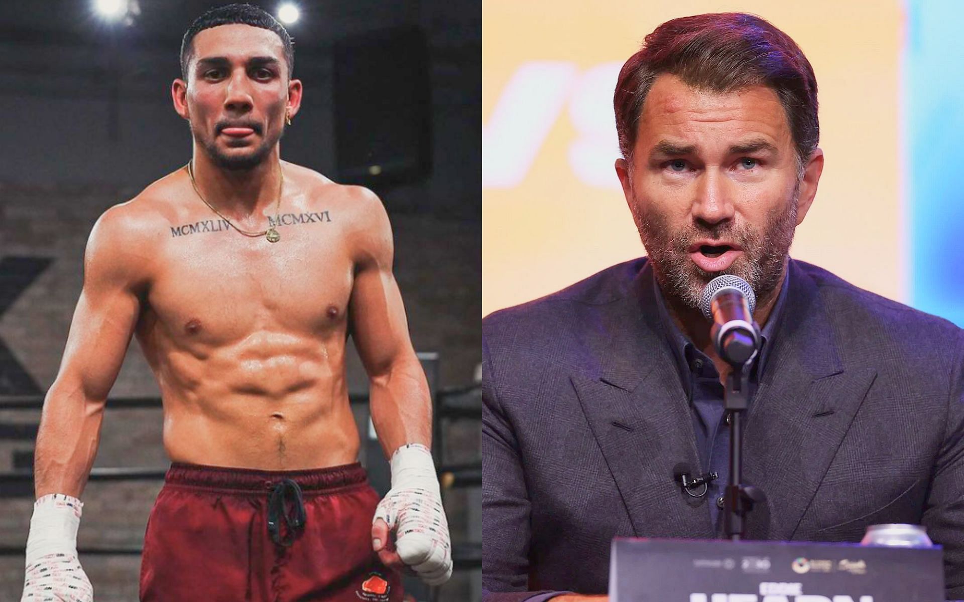 Eddie Hearn (right) takes aim at Teofimo Lopez after his comments about Matchroom Boxing going out of business [Images Courtesy: @GettyImages and @teofimolopez on Instagram]