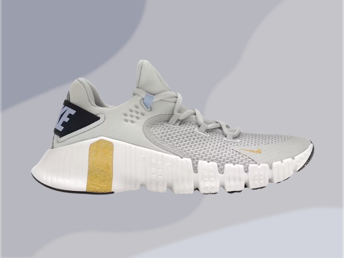 The Free Metcon 4 &quot;Pure Platinum Grey Gold White&quot; sneakers (Image via StockX)