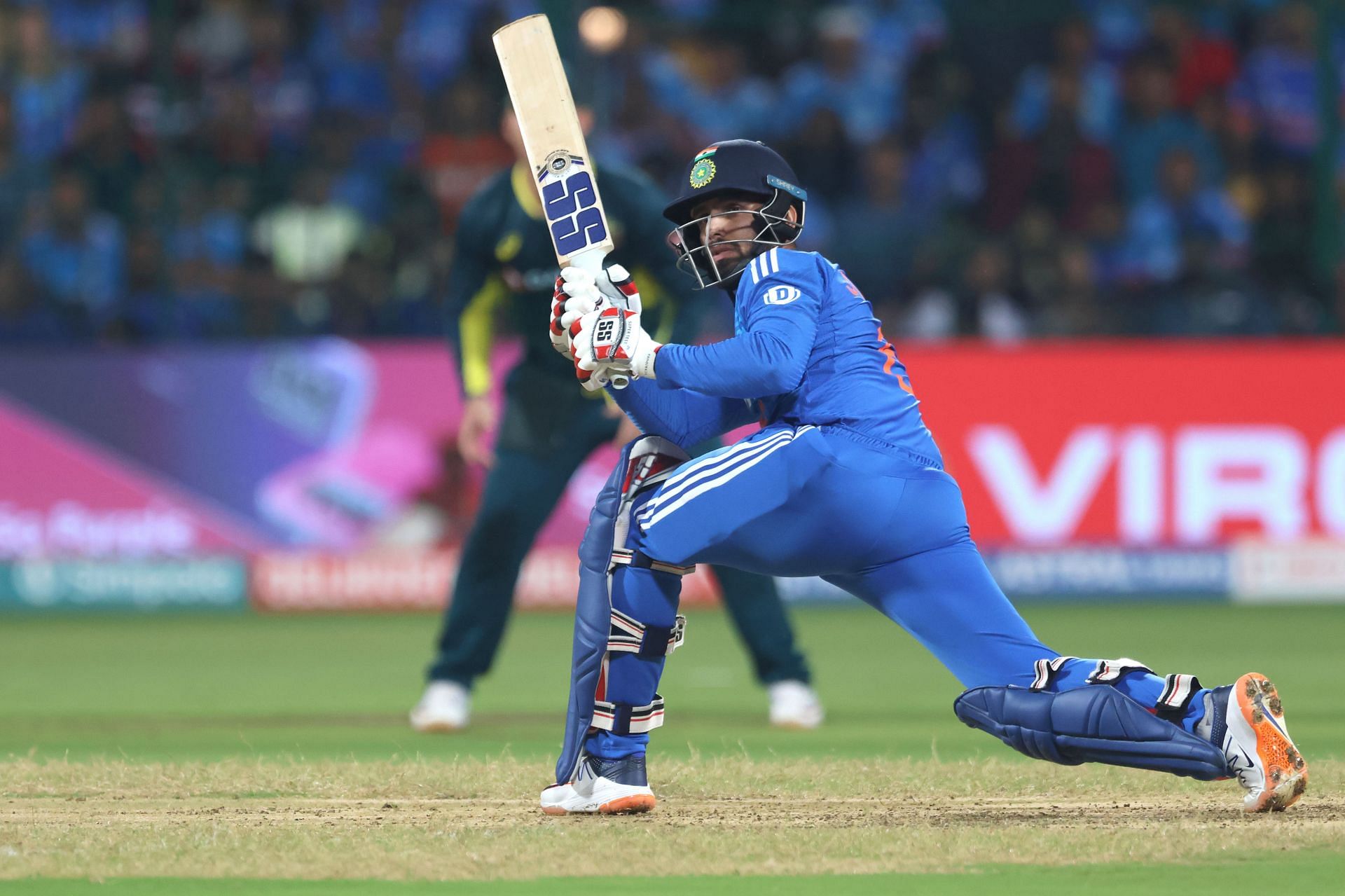 Jitesh Sharma plays a shot: India v Australia - T20I Series: Game 5