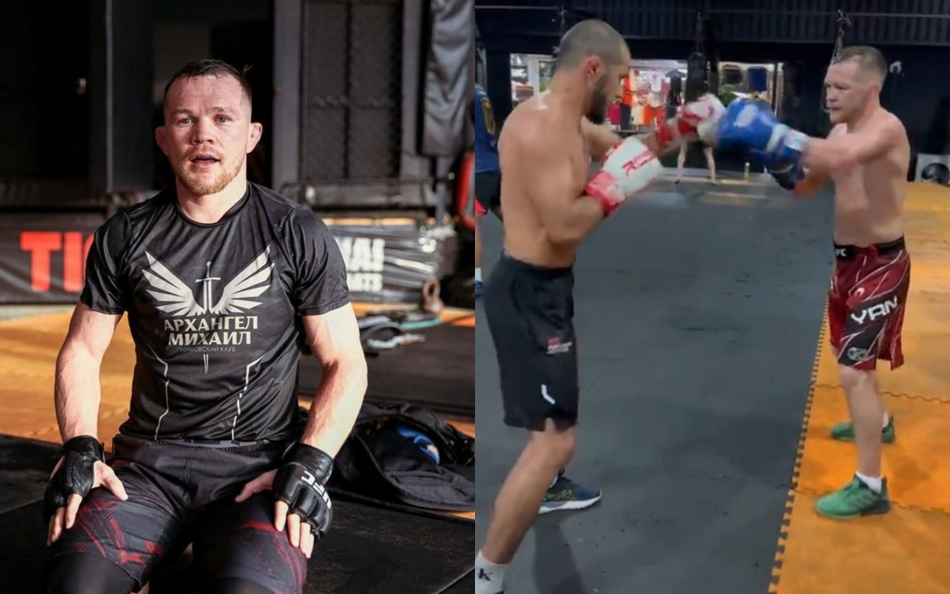 Petr Yan (left) during boxing training (right) (Images Courtesy: @petr_yan Instagram and @muhammadmokaev X)