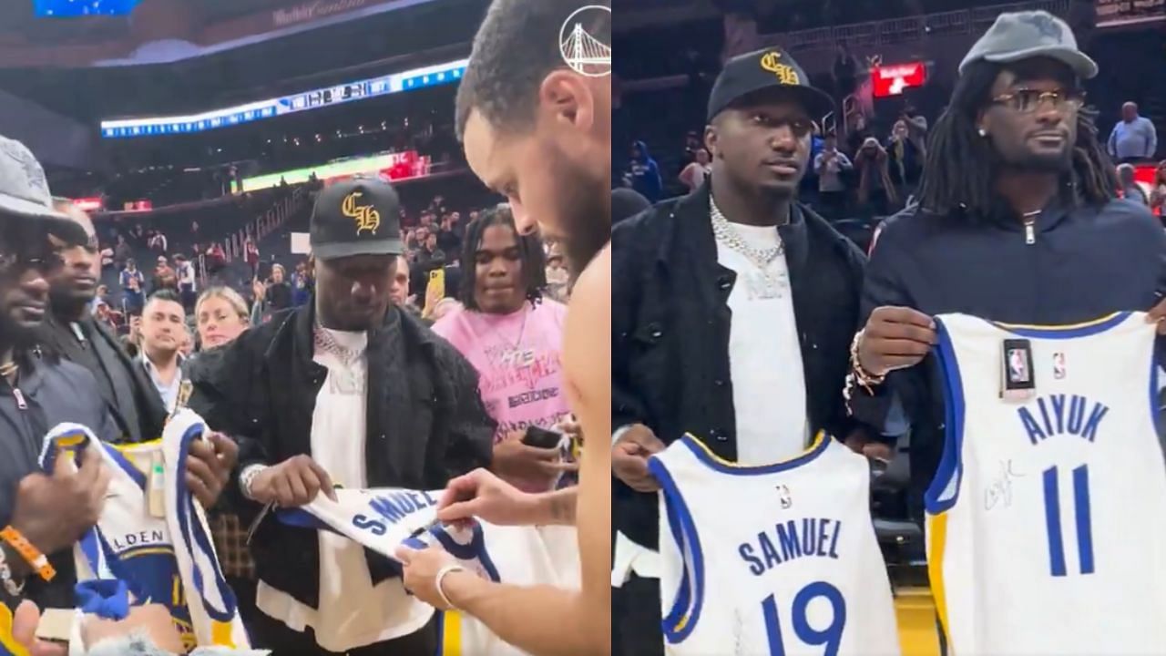 Steph Curry signed customized Golden State Warriors jerseys for San Francisco 49ers stars Deebo Samuel, Brandon Aiyuk and Ray-Ray McCloud III.
