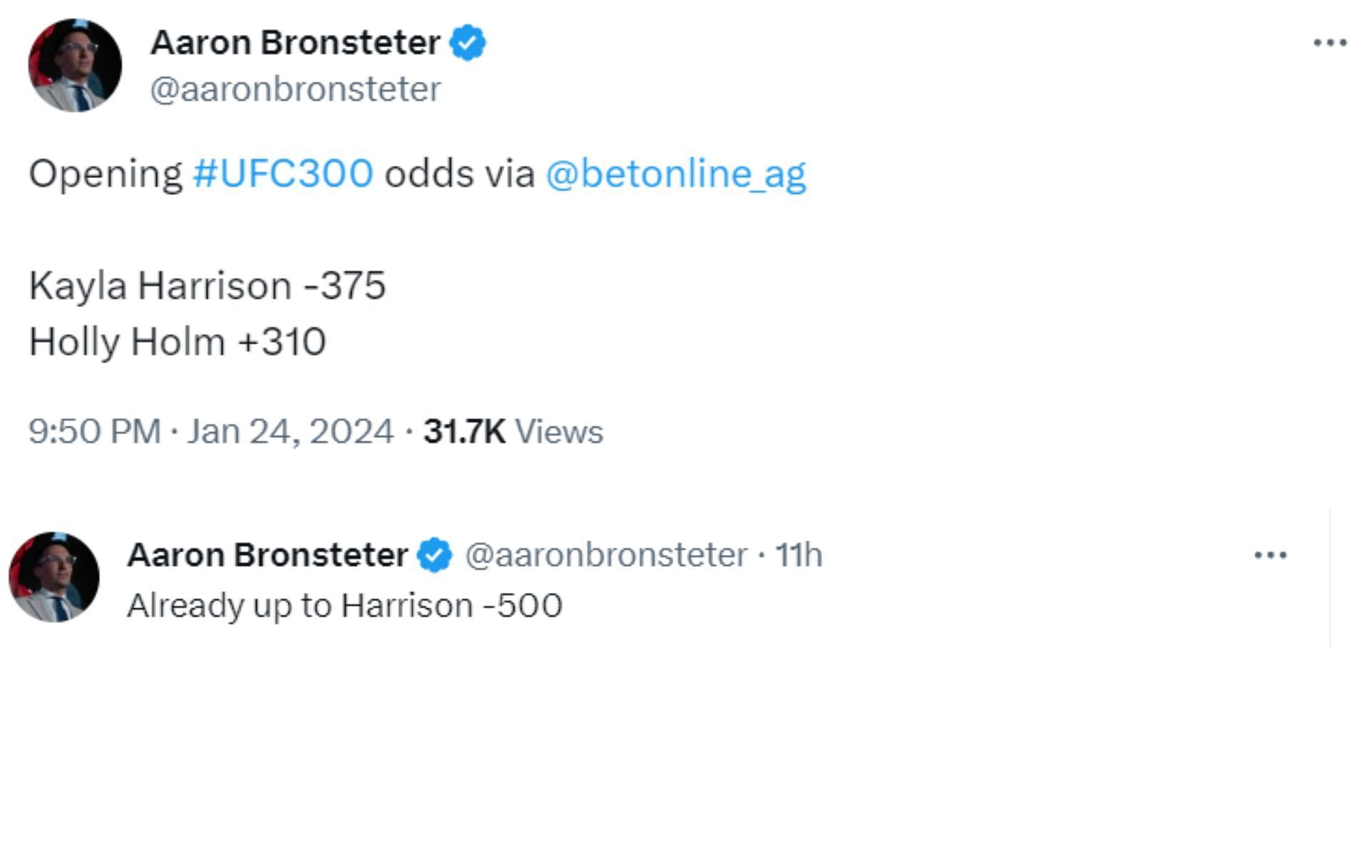 Bronsteter&#039;s tweets regarding betting odds for Harrison vs. Holm at UFC 300 [Image via: @aaronbronsteter on X]