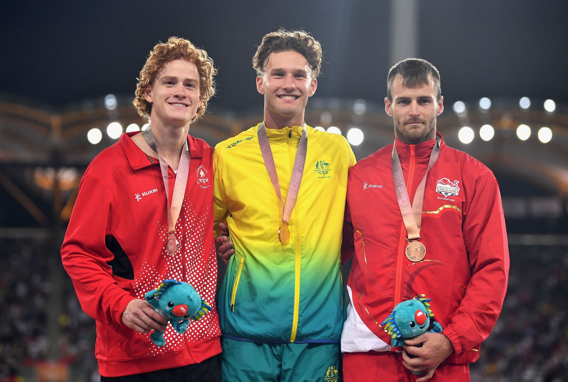 Shawn Barber with athletes Kurtis Marschall and Luke Cutts at Commonwealth Games Day 8