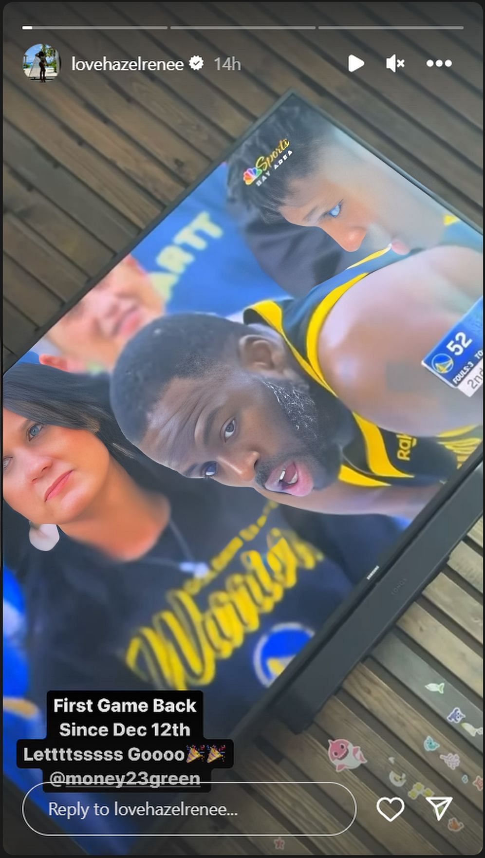 Hazel Renee cheers her husband Draymond Green at their home.