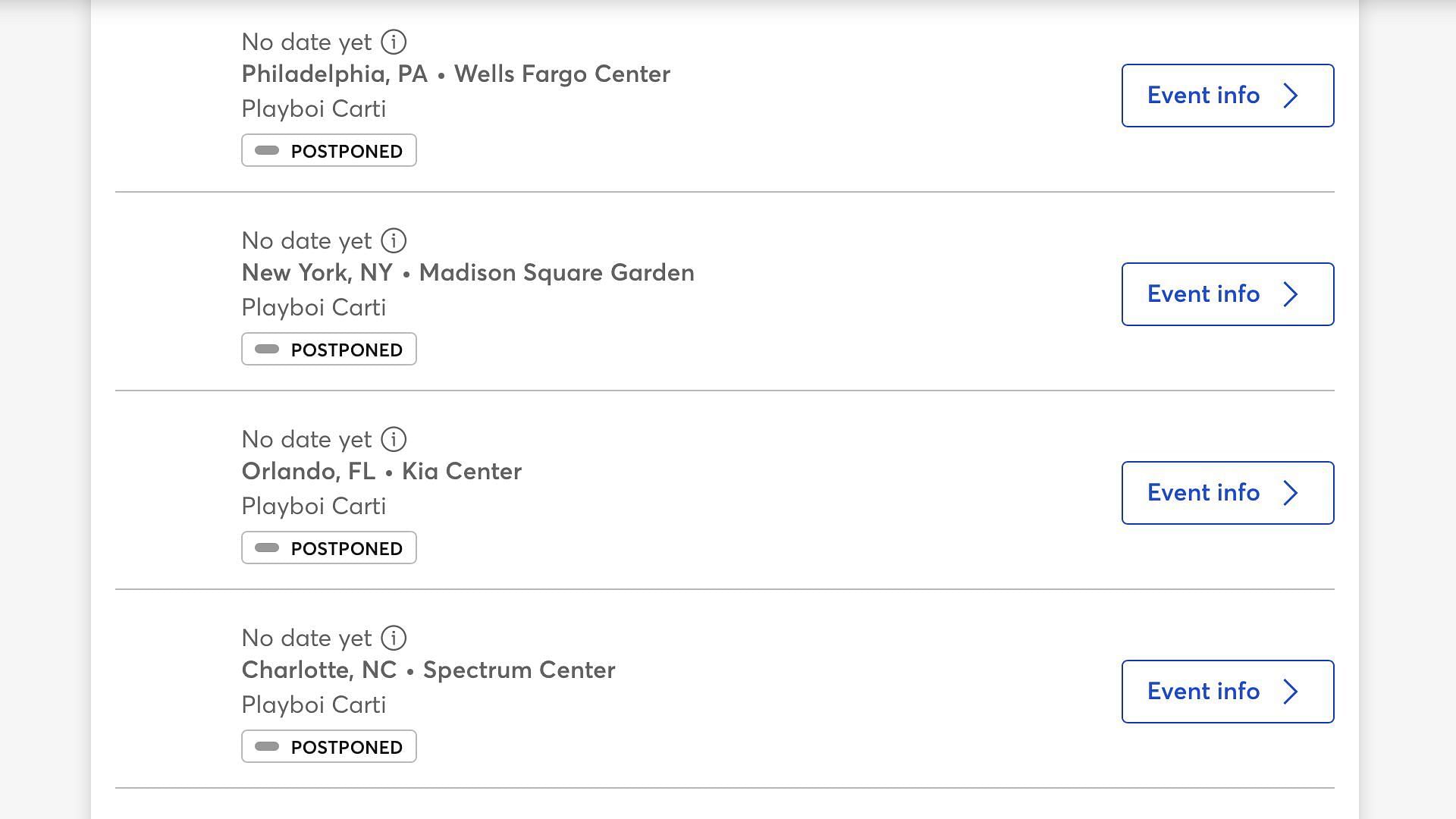 Image via Ticketmaster&#039;s website showcasing the postponed dates for Playboi Carti&#039;s upcoming tour