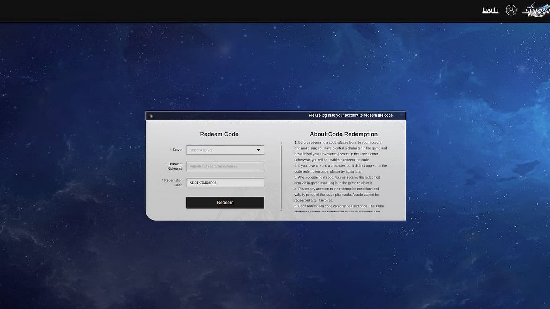 Honkai Star Rail 2.0 redeem codes via the external website (Image via HoYoverse)