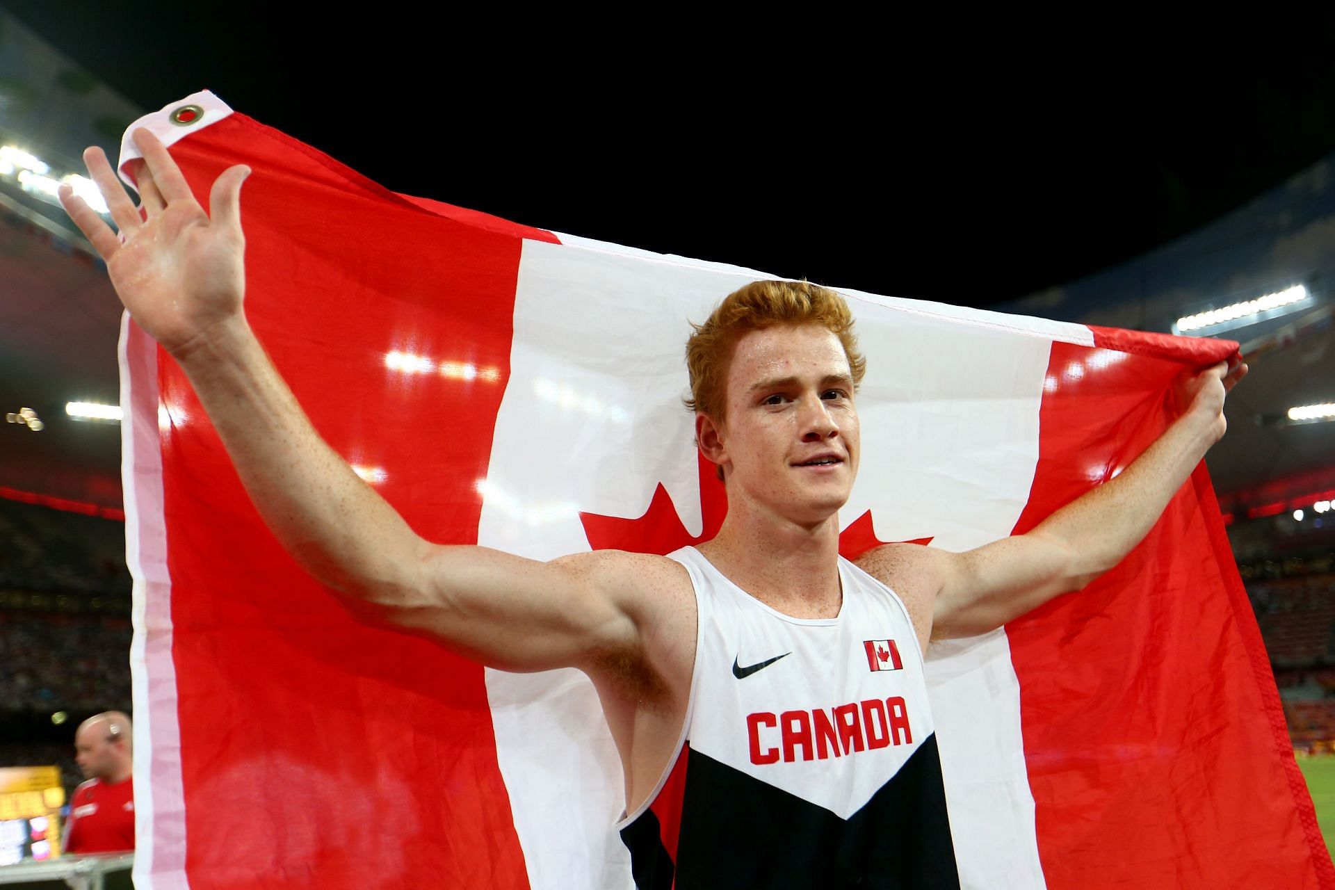 Shawn Barber of Canada celebrates after winning gold in the Men&#039;s Pole Vault final during day three of the 15th IAAF World Athletics Championships at Beijing National Stadium on August 24, 2015, in Beijing, China.