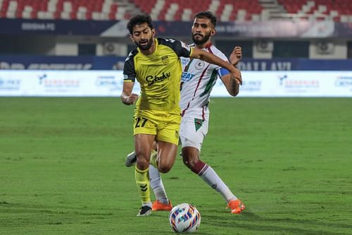 Nikhil Poojary in action for Hyderabad FC against Mohun Bagan SG earlier this season.