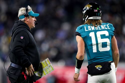 Doug Pederson and Trevor Lawrence during AFC Wild Card Playoffs - Los Angeles Chargers v Jacksonville Jaguars