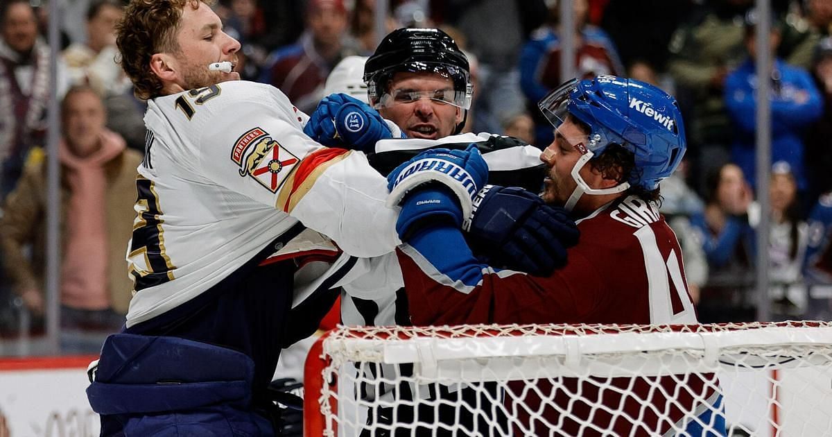 Sam Girard and Matthew Tkachuk fight after an incedent in front of the net