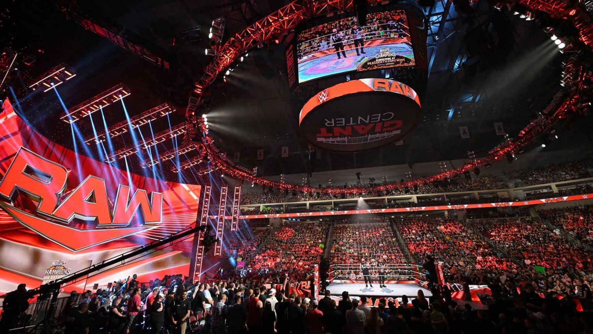 The WWE RAW ring and stage/set on display inside arena