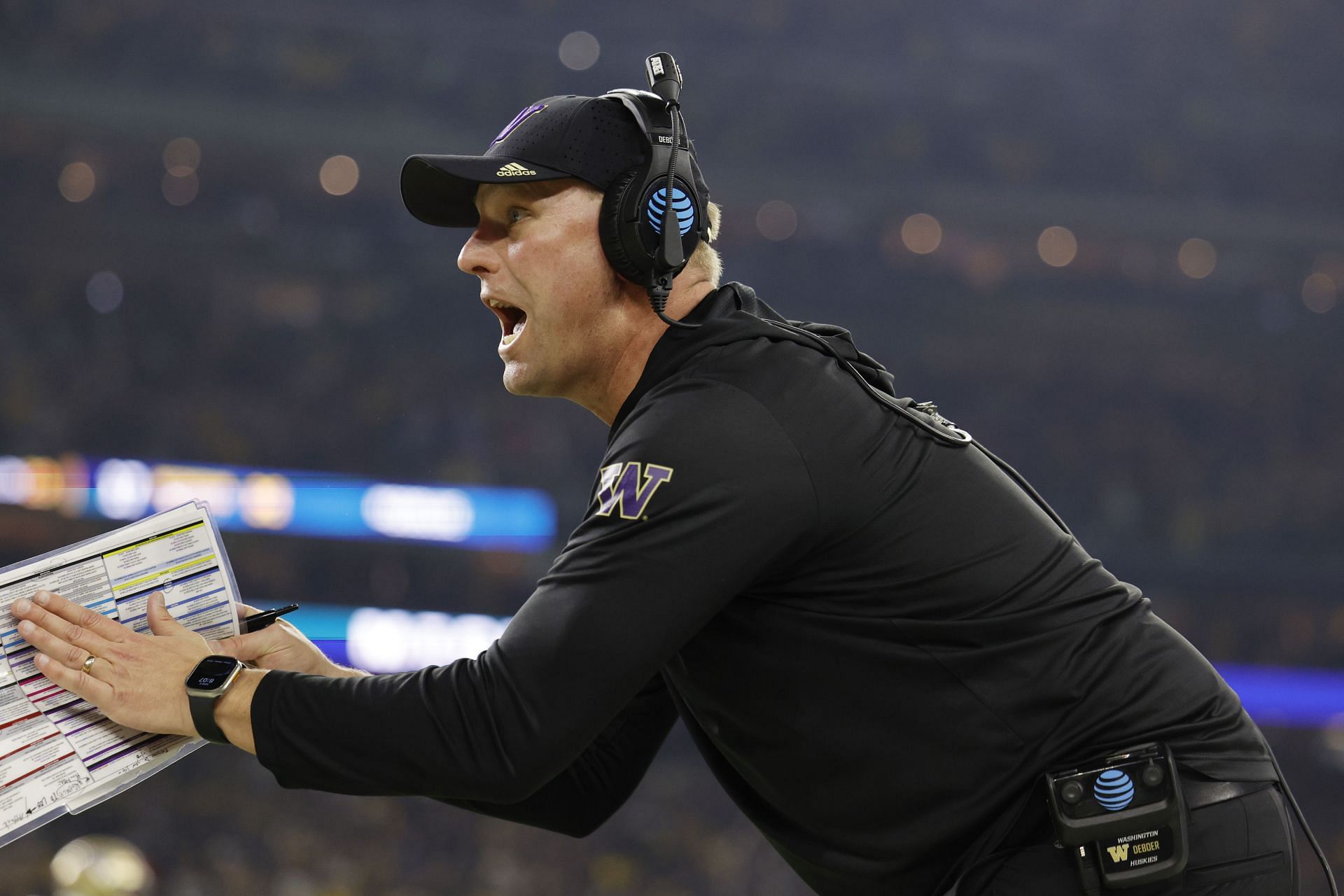 2024 CFP National Championship - Michigan v Washington: HOUSTON, TEXAS - JANUARY 08: Head coach Kalen DeBoer of the Washington Huskies reacts in the second quarter against the Michigan Wolverines during the 2024 CFP National Championship game at NRG Stadium on January 08, 2024 in Houston, Texas. (Photo by Carmen Mandato/Getty Images)