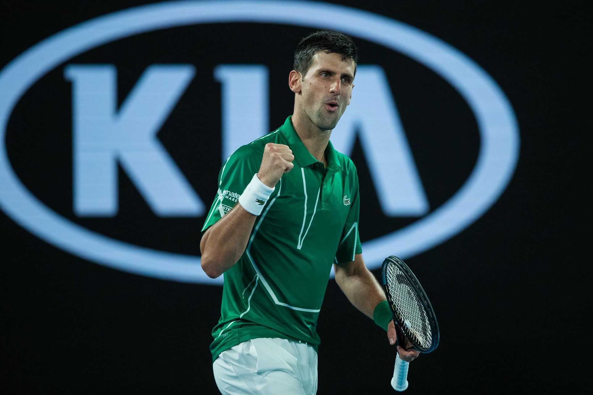 Novak Djokovic pumps his fist during the 2020 Australian Open final.