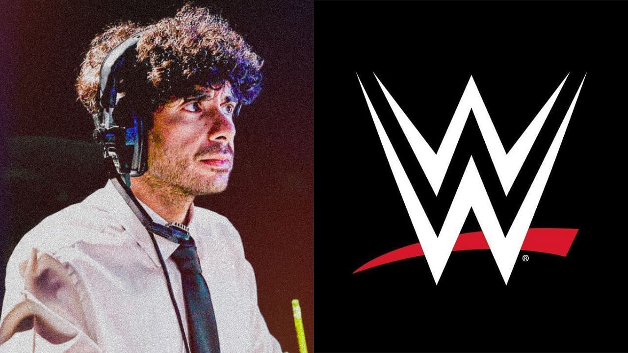 Tony Khan (left) and WWE logo (right)