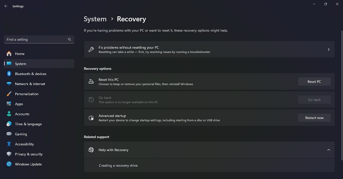 Reinstallation system settings (Image via Microsoft)