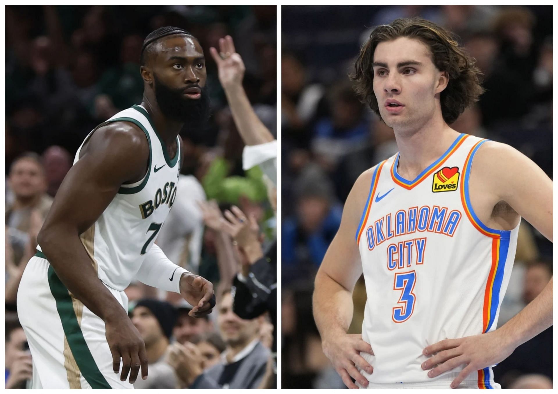 Jaylen Brown (left) awkwardly stared down Josh Giddey (right) during Celtics vs Thunder game on Tuesday