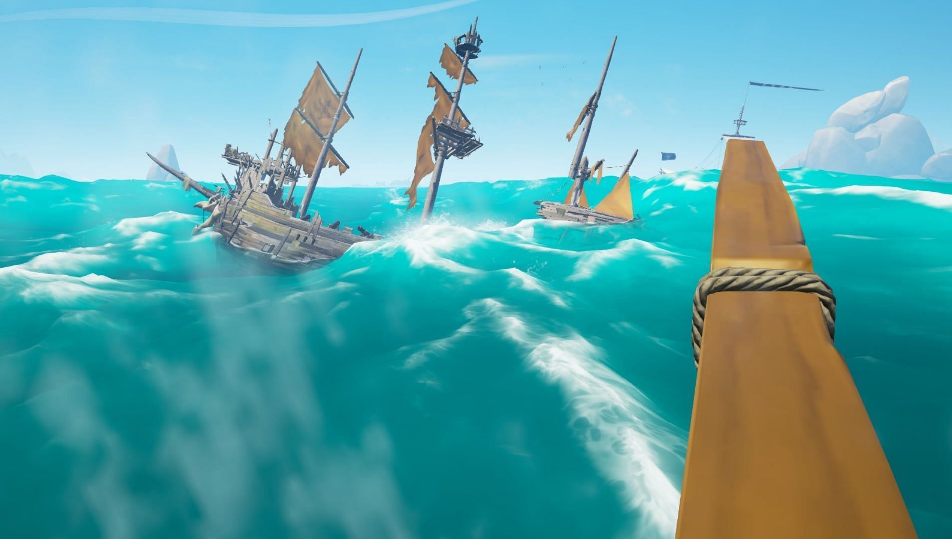 Sinking the Captain Ship after defeating Fleet of Fortune in Sea of Thieves. (Image via Rare)