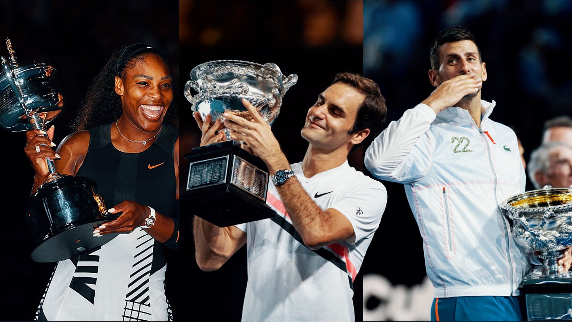 Serena, Federer and Novak Djokovic with their Aus Open titles 
