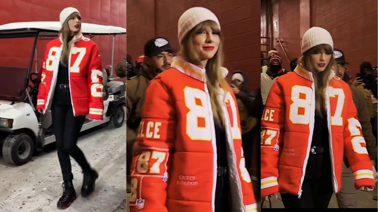 Taylor Swift rocks a customized puffer jacket in support of her boyfriend, Kansas City Chiefs tight end Travis Kelce (Image via X/@NFL)