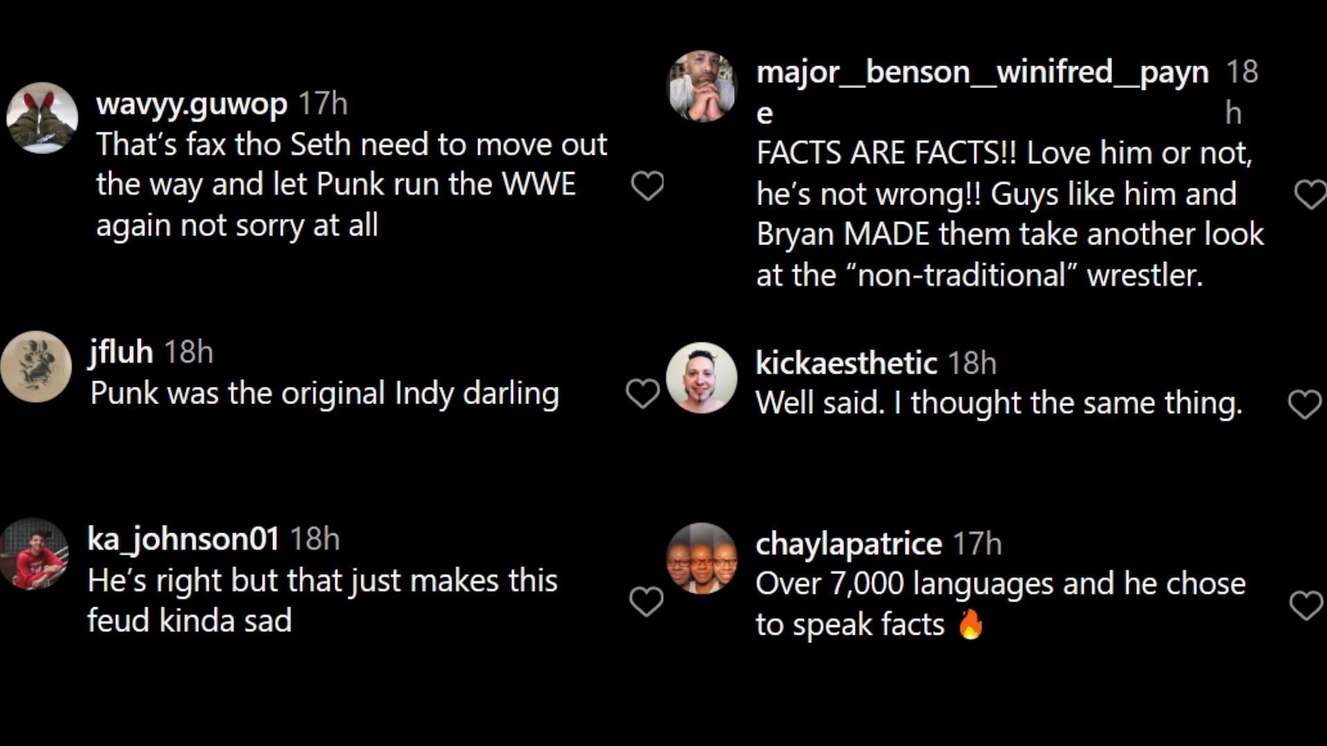 Screengrab of comments on WWE&#039;s Instagram post.
