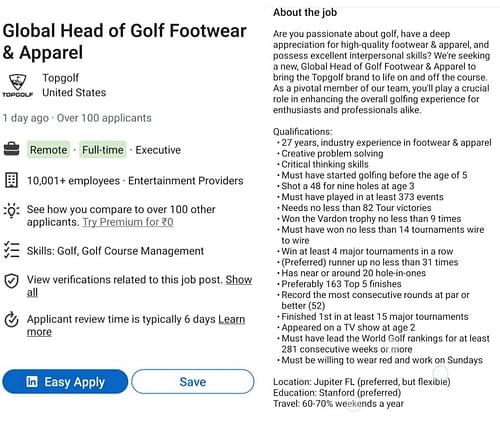 TopGolf Job posting (Image via Linkedin/@Topgolf)