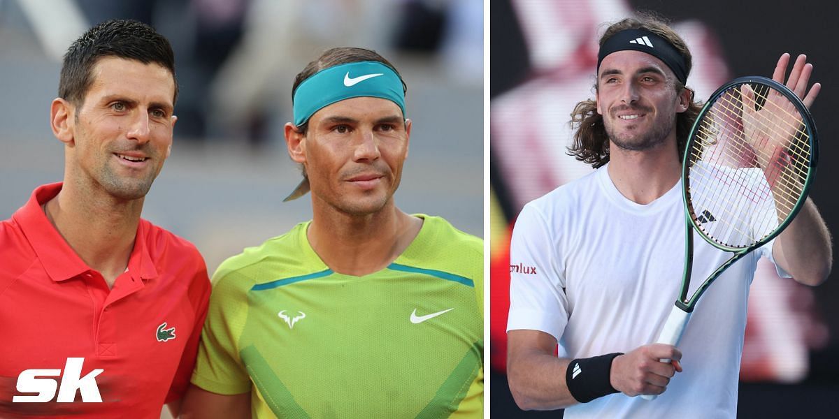 Novak Djokovic and Rafael Nadal (L), Stefanos Tsitsipas (R)