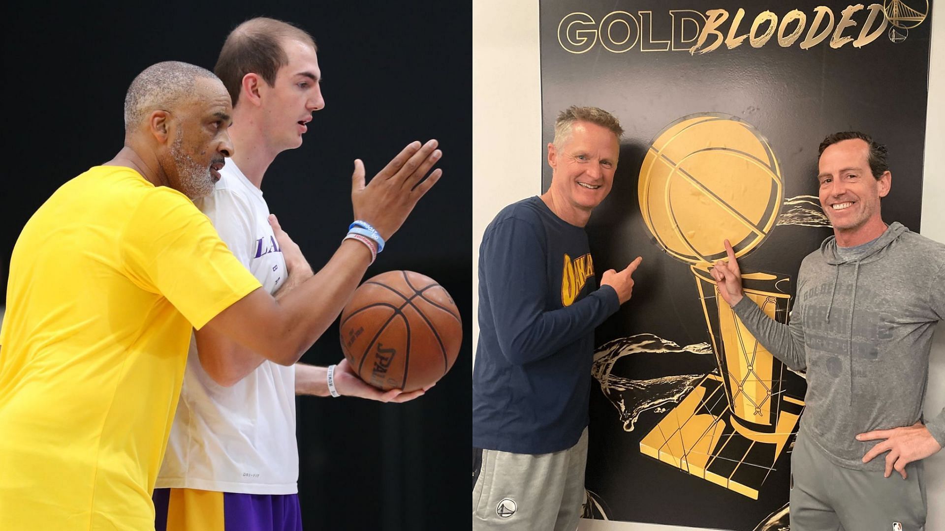 Lakers assistant coach Phil Handy with former Laker Alex Caruso and Warriors head coach Steve Kerr with assistant Kenny Atkinson