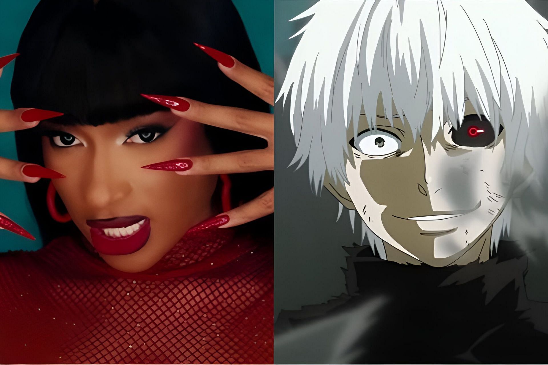 Megan Thee Stallion (left), Ken Kaneki (right) (Image via Studio Pierrot &amp; Instagram)