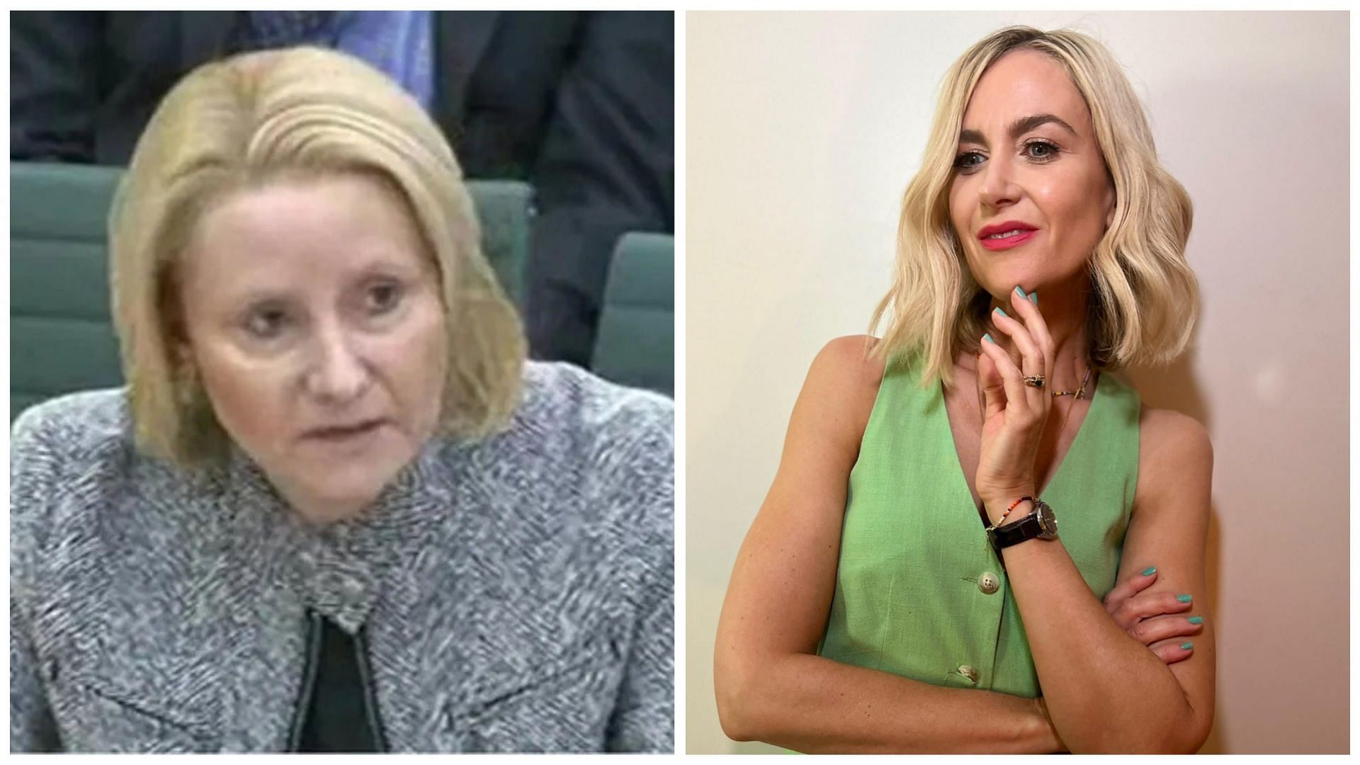 Businesswoman Angela van den Bogerd (left) played by Katherine Kelly (right) in the ITV drama Mr Bates vs The Post Office (Image via @b45her71 and @katherine_kelly/X)  