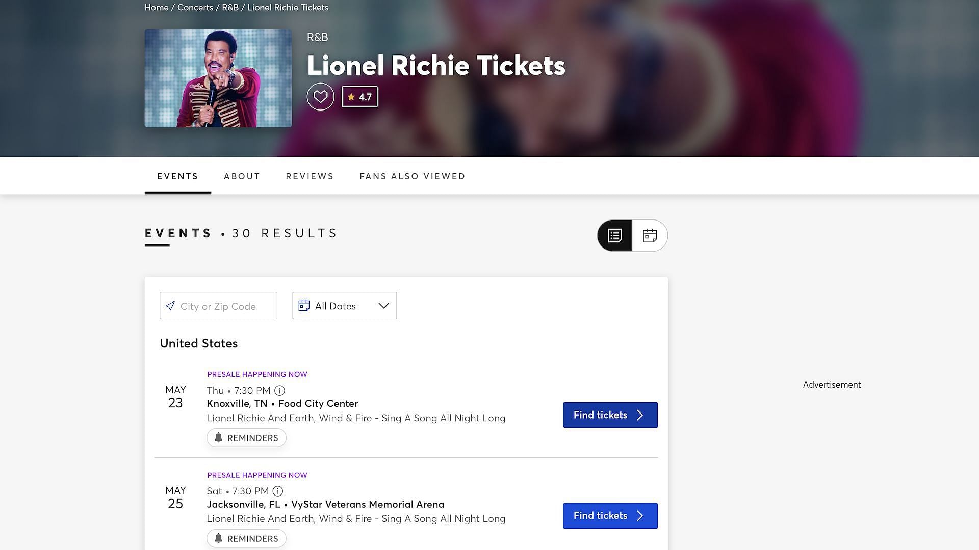 Lionel Richie&#039;s Extended Tour Pre-sale live on Ticketmaster&#039;s official Website (Image via Ticketmaster Official Website)