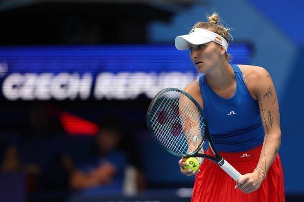 Marketa Vondrousova of Team Czech Republic prepares to serve in her singles match against Olga Danilovic of Team Serbia during day five of the 2024...